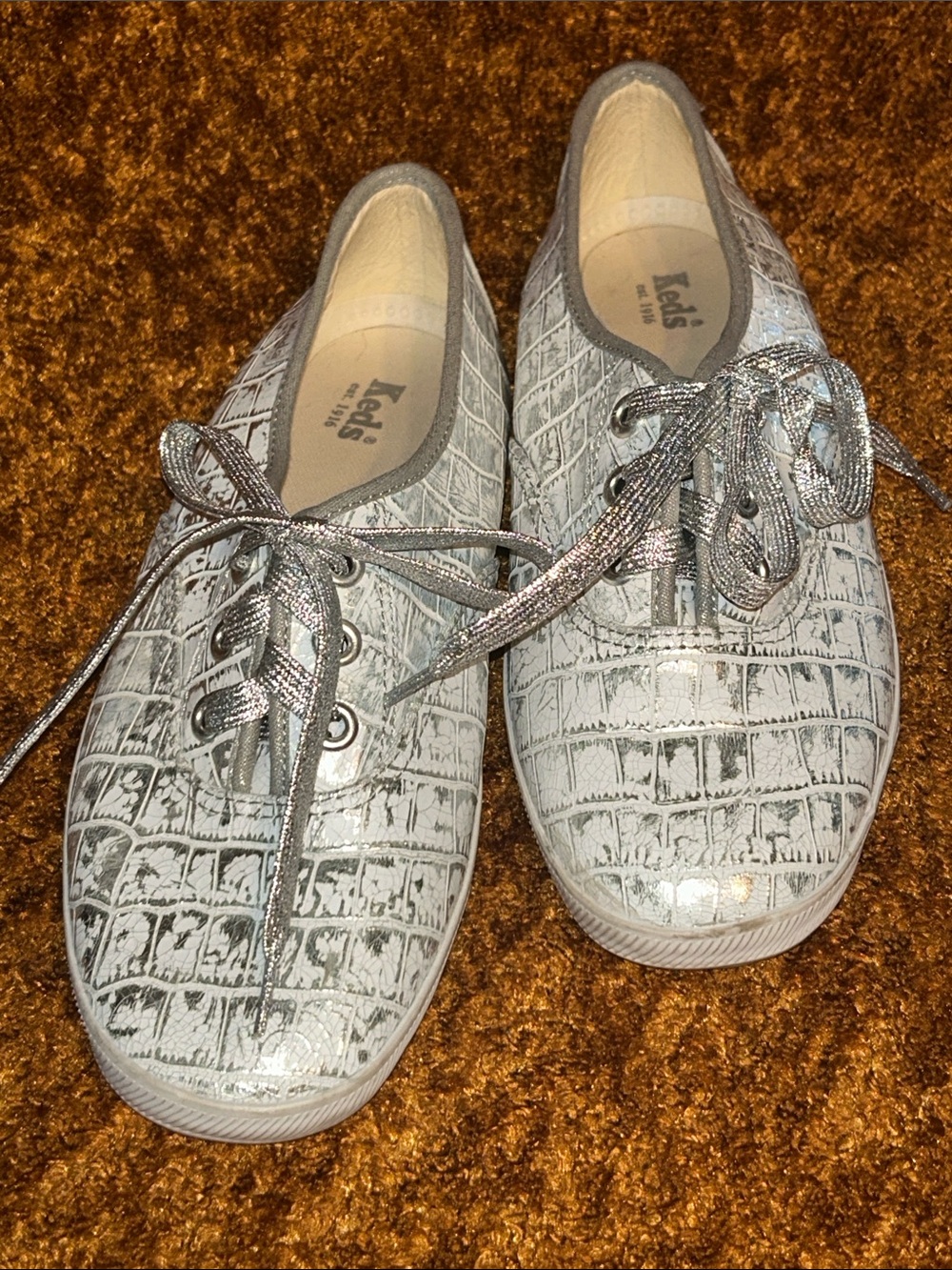 Keds Metallic Silver Croc-Embossed Lace-Up Sneakers